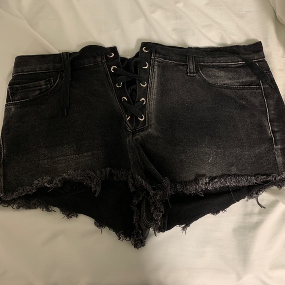 Black jean lace-up shorts - Picture 1 of 3